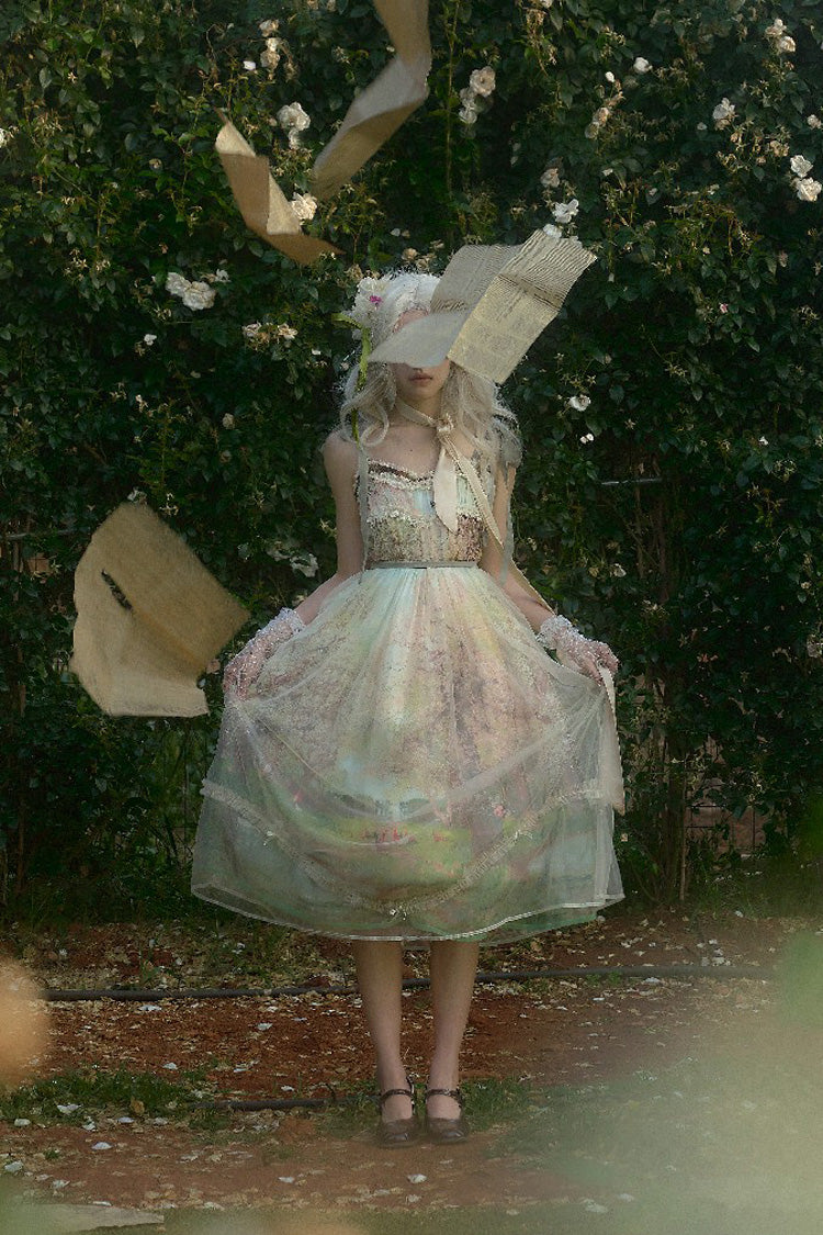Green Oil Painting – Spring Sleeveless Print Ruffle Bowknot Lace Sweet Lolita Jsk Dress