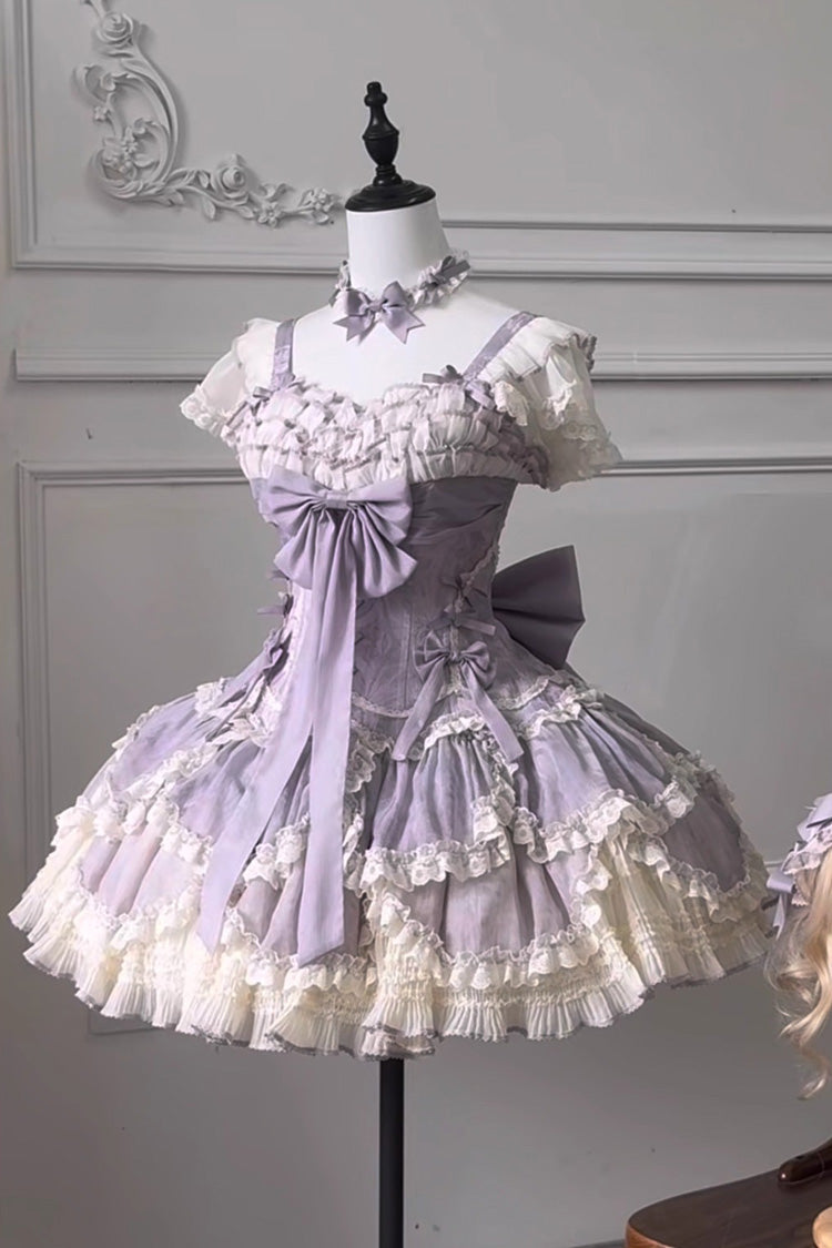 Purple Floral Dream Short Sleeves Multi-Layered Ruffle Embroidery Bowknot Lace-Up Sweet Elegant Ballet Lolita Jsk Dress