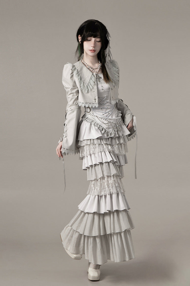 Solid Color Bionic Doll Square Collar Multi-Layered Ruffle Bowknot Lace-Up Gothic Lolita Fishtail Skirt Corset Set