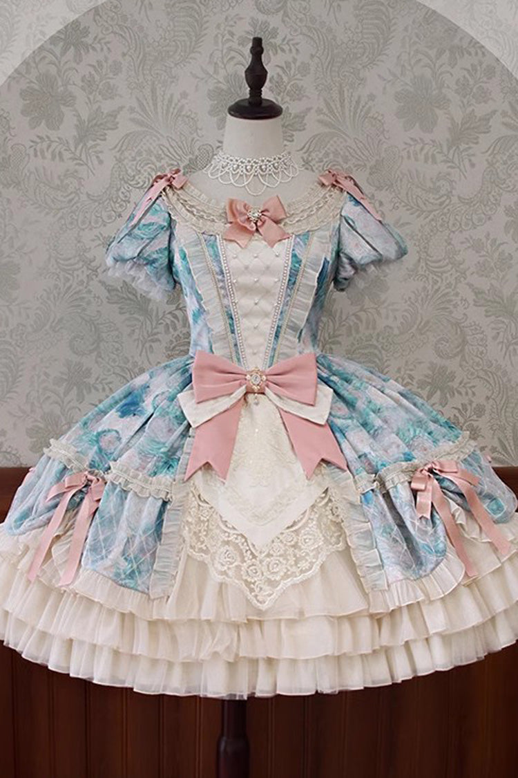 Angel Heart Sky Oil Painting Print Ruffle Cardigan Bowknot Sweet Princess Lolita Dress 3 Colors