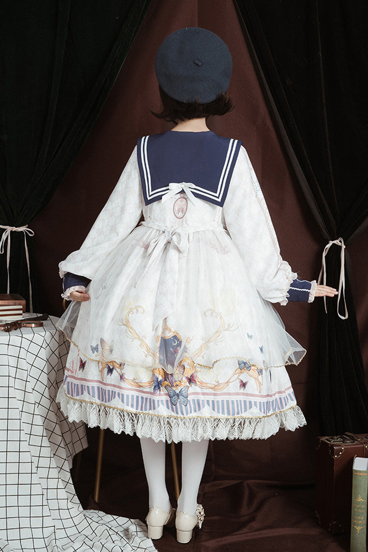 White Navy Collar Long Sleeves Butterfly Print Ruffle Bowknot Sweet Elegant Princess Lolita Dress