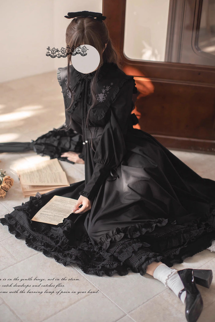 Black Wind Kissed Tulips Long Sleeves Ruffle Embroidery Bowknot Gothic Vintage Elegant Lolita Dress