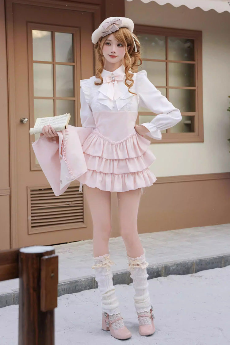 Pink Cherry Blossom Snow Lapel Collar Long Sleeves Triple-Layered Ruffled Bow Faux Two-Piece Sweet Lolita Dress