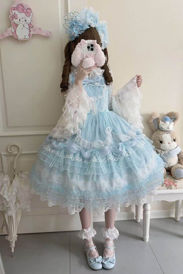 Blue Sugar Heart Knot Multi-Layered Ruffled Bow Lace Sweet Lolita Jsk Dress