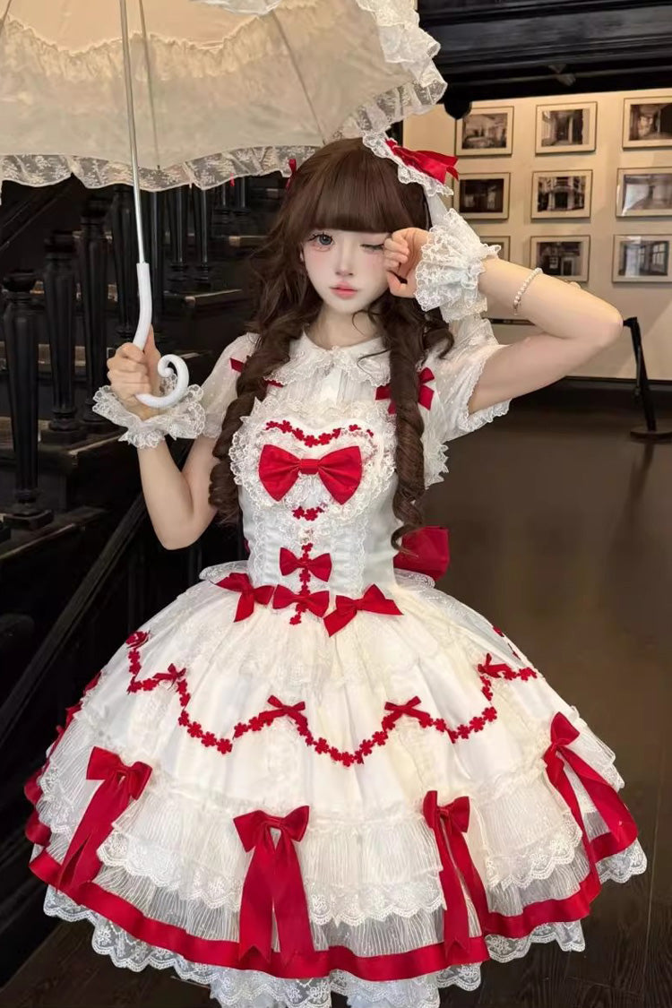 Red/White Scarlet Heart Cocoa Sleeveless Triple-Layered Ruffle Embroidery Bowknot Lace Sweet Lolita Jsk Dress