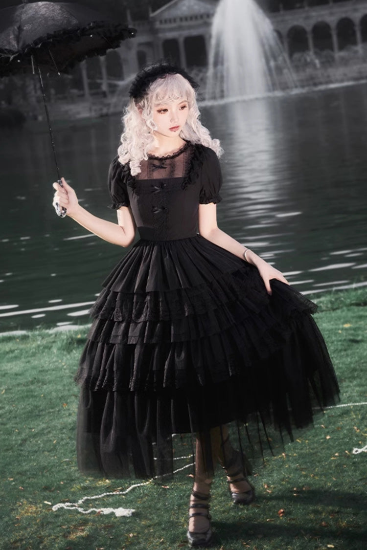 Black Twin Ivory Towers Short Sleeves Five-Layered Ruffle Gothic Lolita Dress
