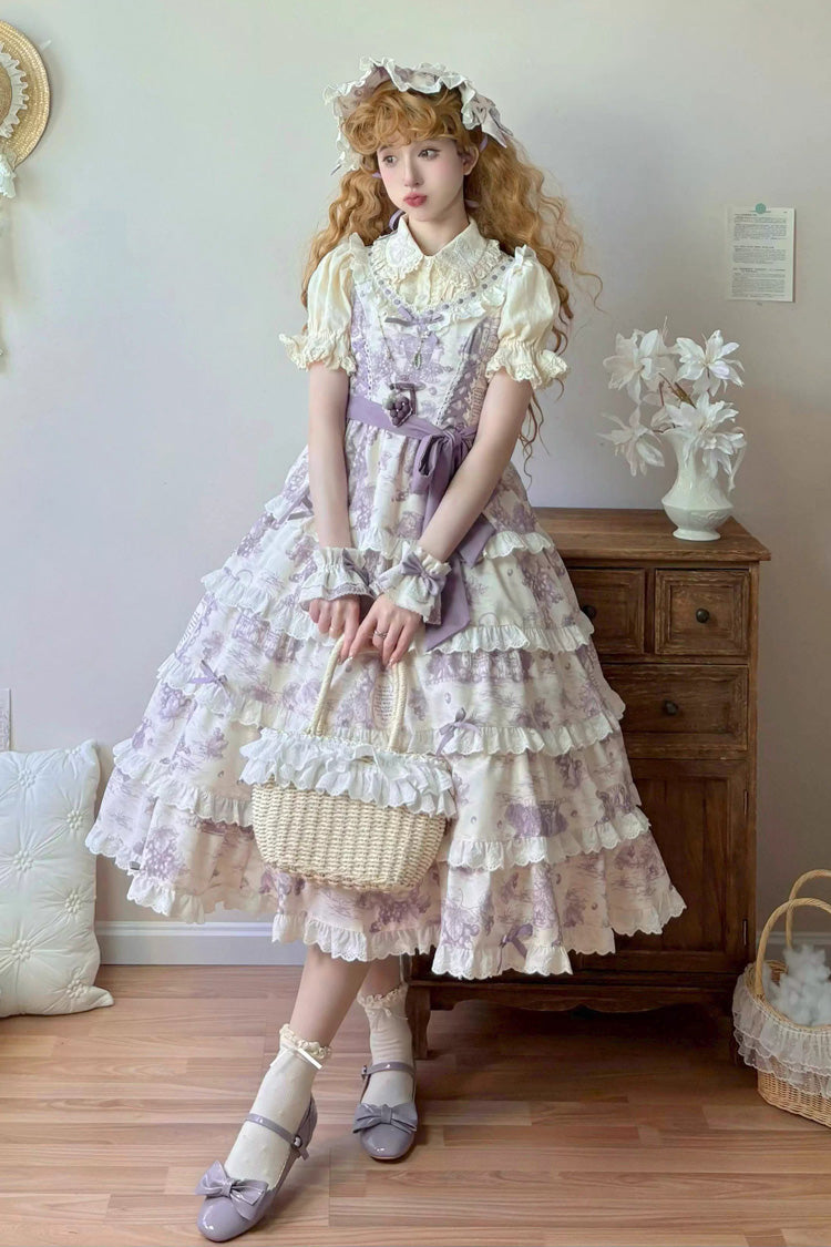 Purple Grape Moon Almanac Sleeveless Multi-Layered Printed Ruffled Bow Adjustable-Length Sweet Lolita Jsk Dress