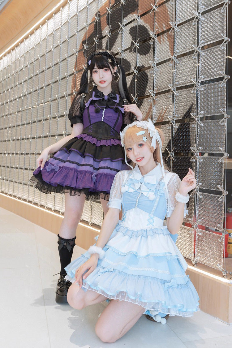 Black/Purple Cotton Cloud Lapel Collar Ruffle Bowknot Lace-Up Gothic Lolita Jsk Dress