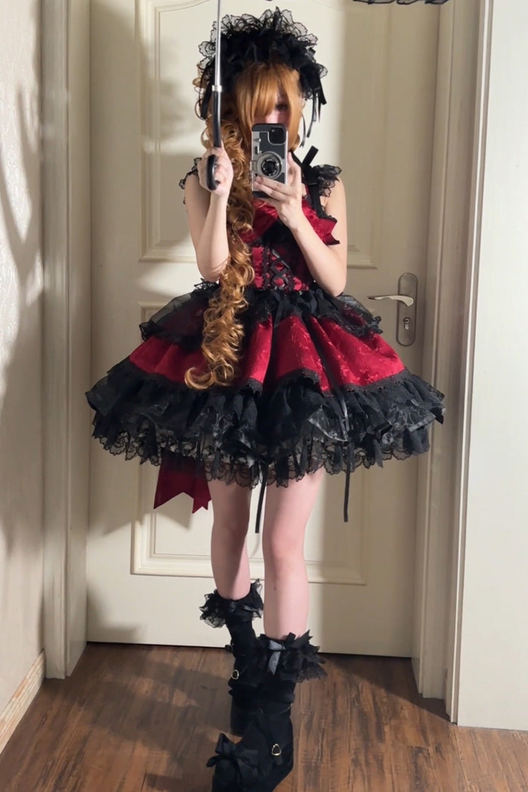 Red Fleishi Island Sleeveless Ruffle Bowknot Lace Slim Sweet Ballet Lolita Jsk Dress