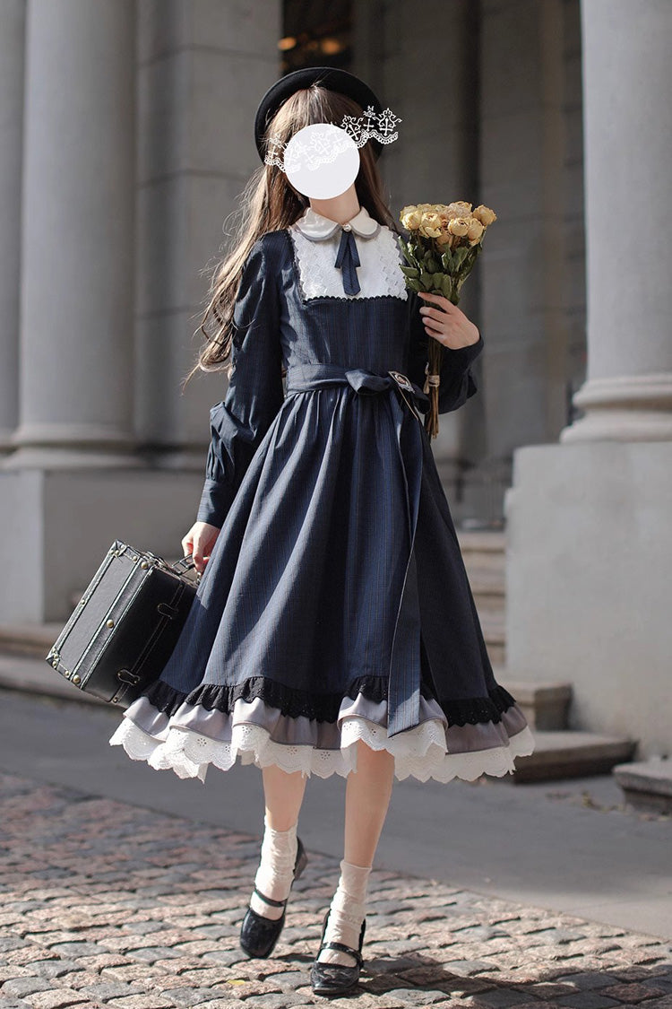 Dark Blue Phyllis Plaid Print Ruffle Bowknot Lace Vintage Elegant Lolita Dress