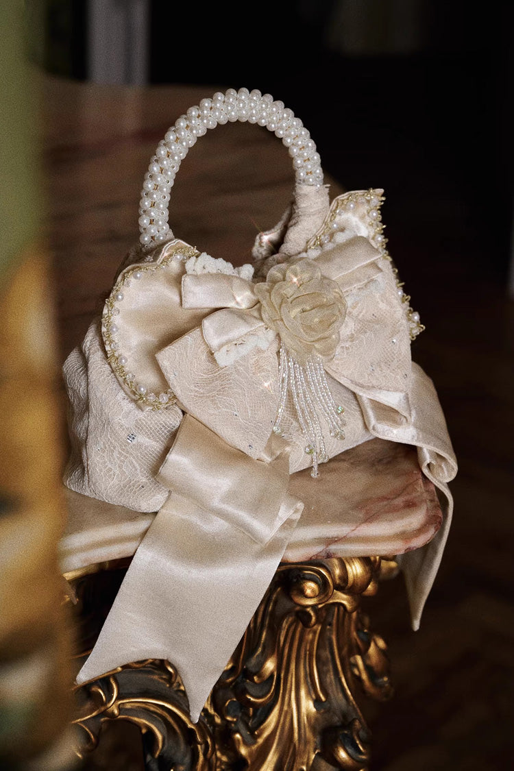 Champagne Satin Gilded 3D Bow Pearl-Decorated Sweet Lolita Handbag