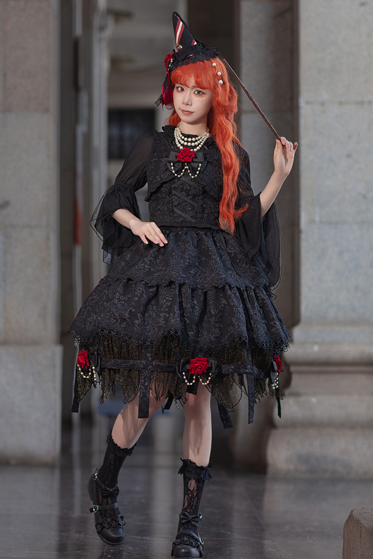 Black Apprentice Witch Double-Layered Ruffle Lace Gothic Lolita Skirt