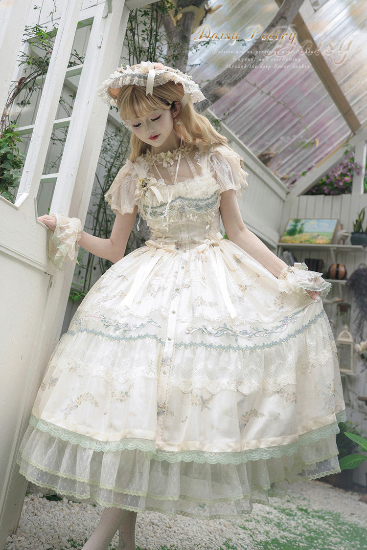 Multi-Color Daisy Poetry Print Ruffle Hollow Embroidery Lace Sweet Elegant Princess Lolita Jsk Dress