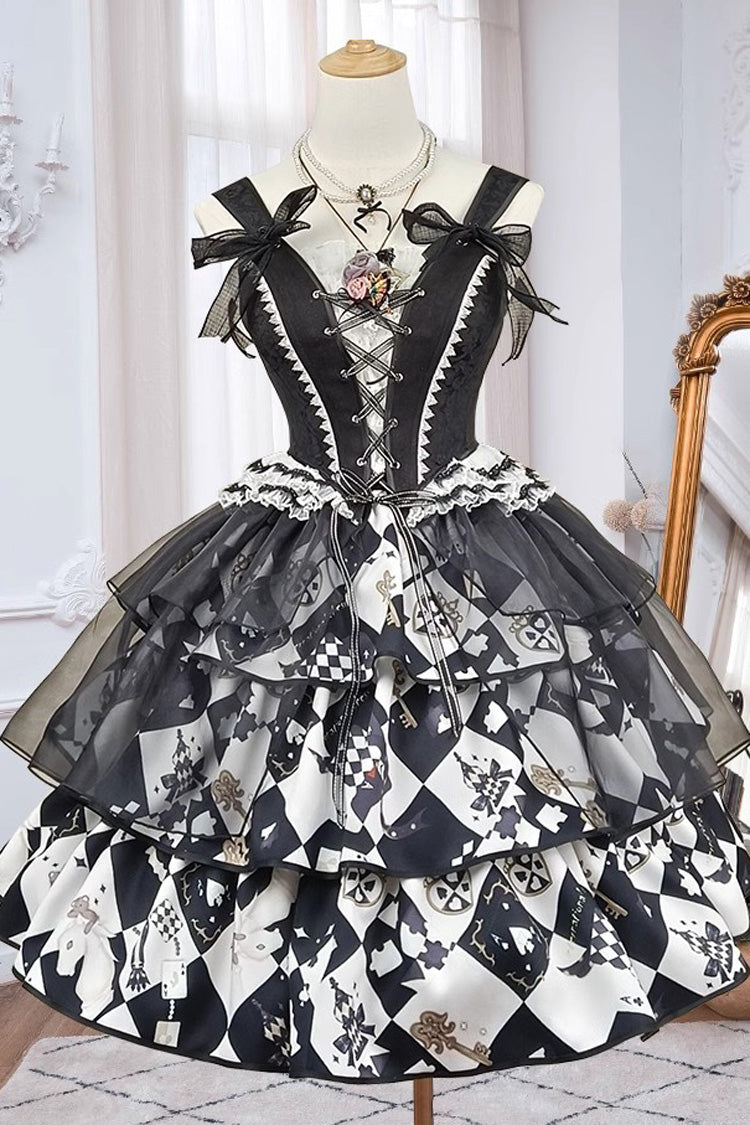 Black/White Board Games Triple-Layered Print Ruffle Vintage Lolita Skirt