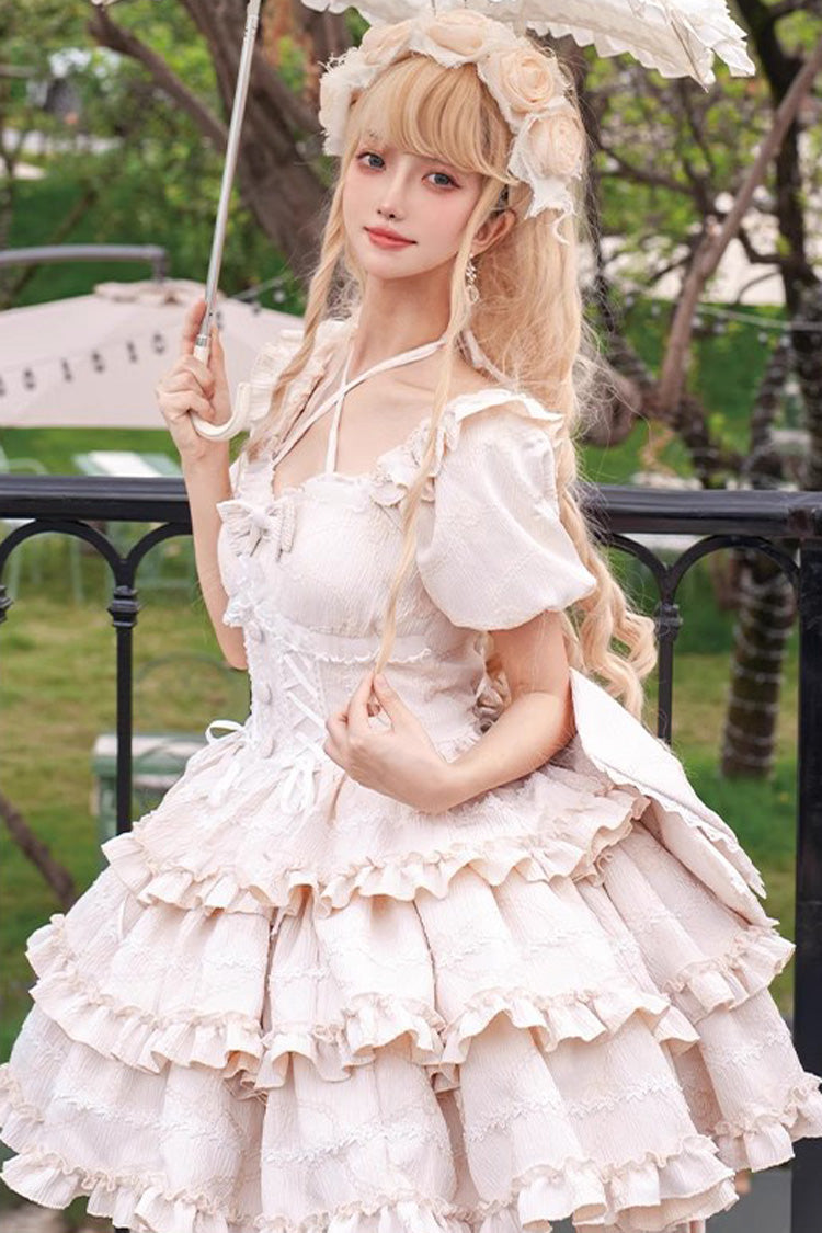 Champagne Square Collar Short Sleeves Triple-Layered Ruffle Bowknot Sweet Lolita Dress