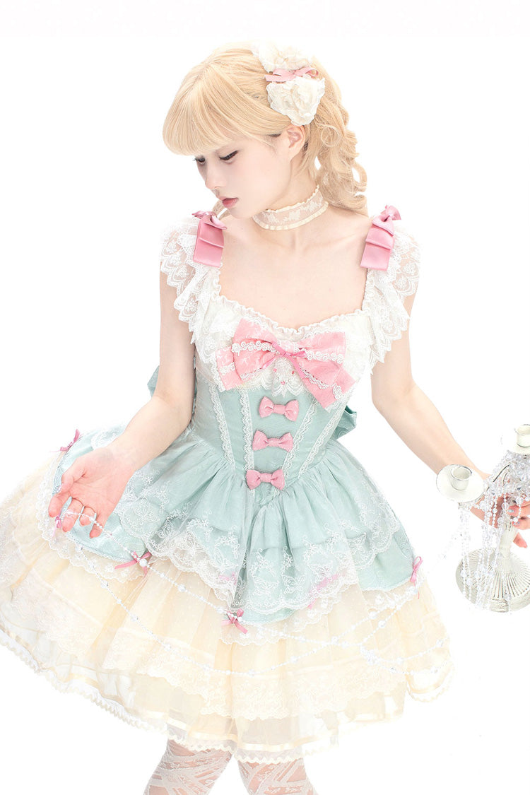 Mint Green Parfait Romance Sleeveless Ruffle Bowknot Lace Sweet Elegant Ballet Lolita Jsk Dress