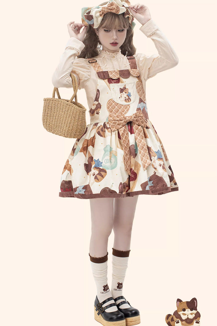 Multi-Color Sleeveless Muffin Kitten Print Bowknot Sweet Lolita Strap Dress