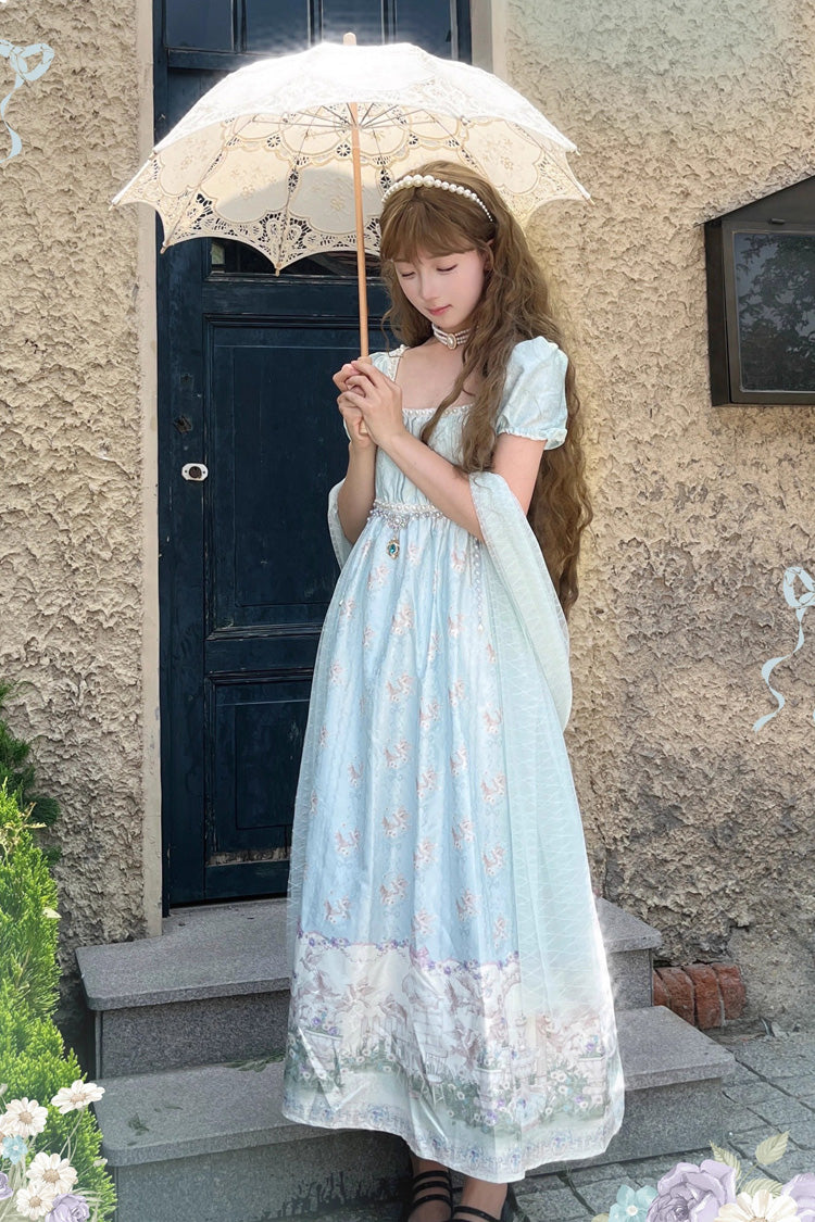 Green Spring of Nai Square Collar Short Sleeves Print Pearl Sweet Elegant Lolita Dress
