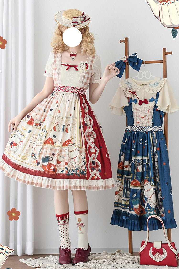 Red Tea Party Short Sleeves Print Ruffle Bowknot Lace Sweet Elegant Lolita Dress
