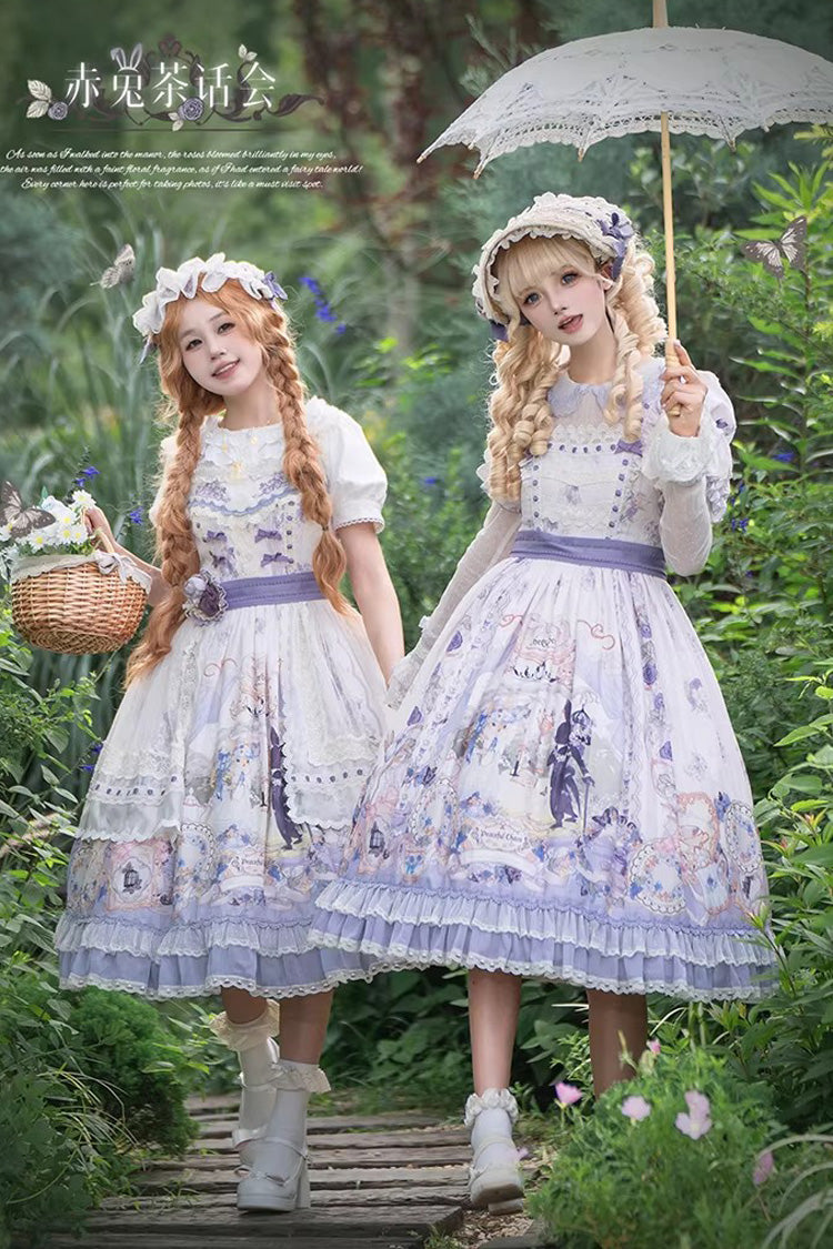 Purple Red Hare Tea Party Lapel Collar Long Sleeves Printed Ruffled Lace Chiffon Sweet Elegant Lolita Dress