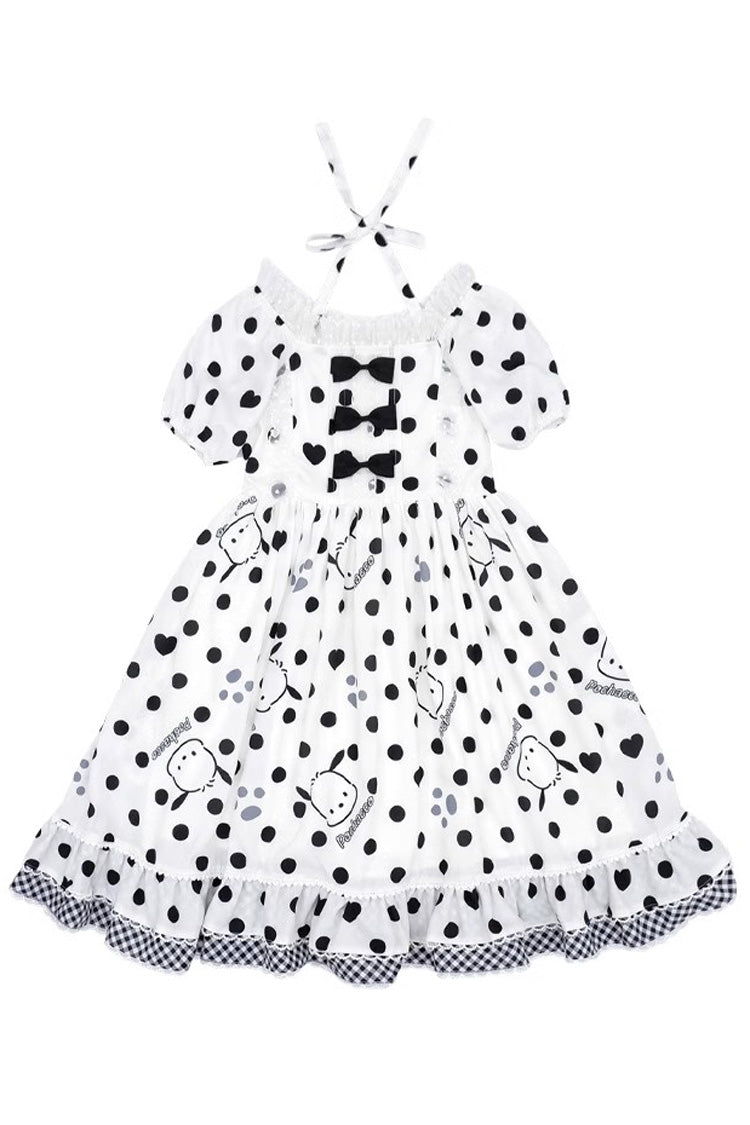 White/Black Short Sleeves Pacha Dog Polka Dots Print Ruffle Bowknot Alice Sweet Lolita Dress