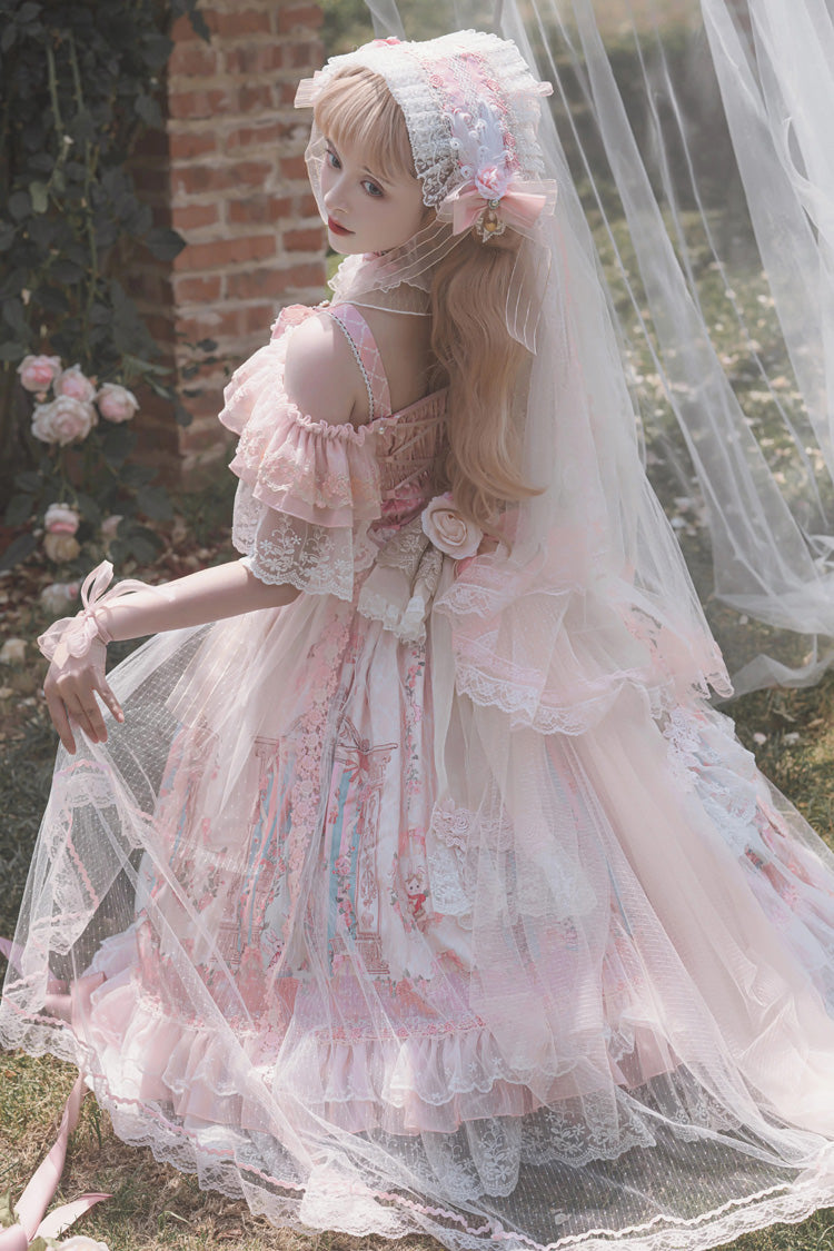 Pink Moonlight Melody Off Shoulder Sleeveless Multi-Layered Hanayome Open-Front Bow Lace Sweet Gorgeous Lolita Jsk Dress Set