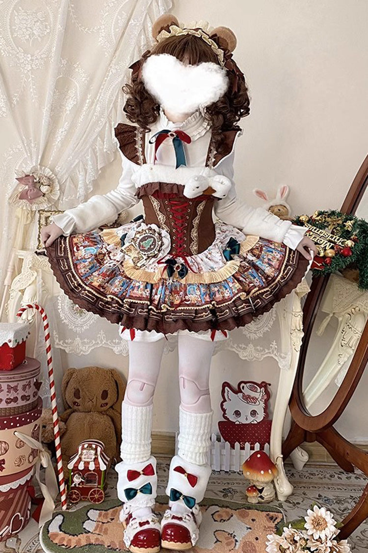 Brown Candy House Multi-Layered Print Ruffle Bowknot Lace-Up Sweet Ballet Lolita Jsk Dress