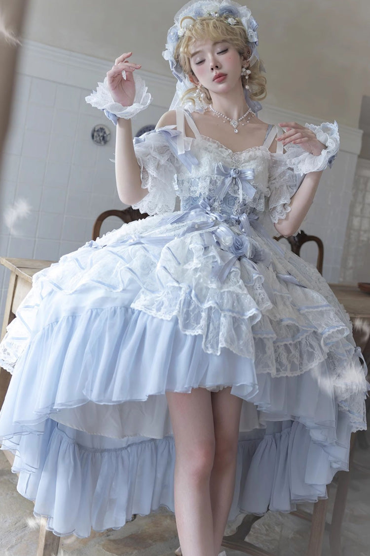 Blue Diane Rose Short Sleeves Multi-Layered Jacquard Ruffle Hanayome Cardigan Bowknot Lace Sweet Lolita Dress