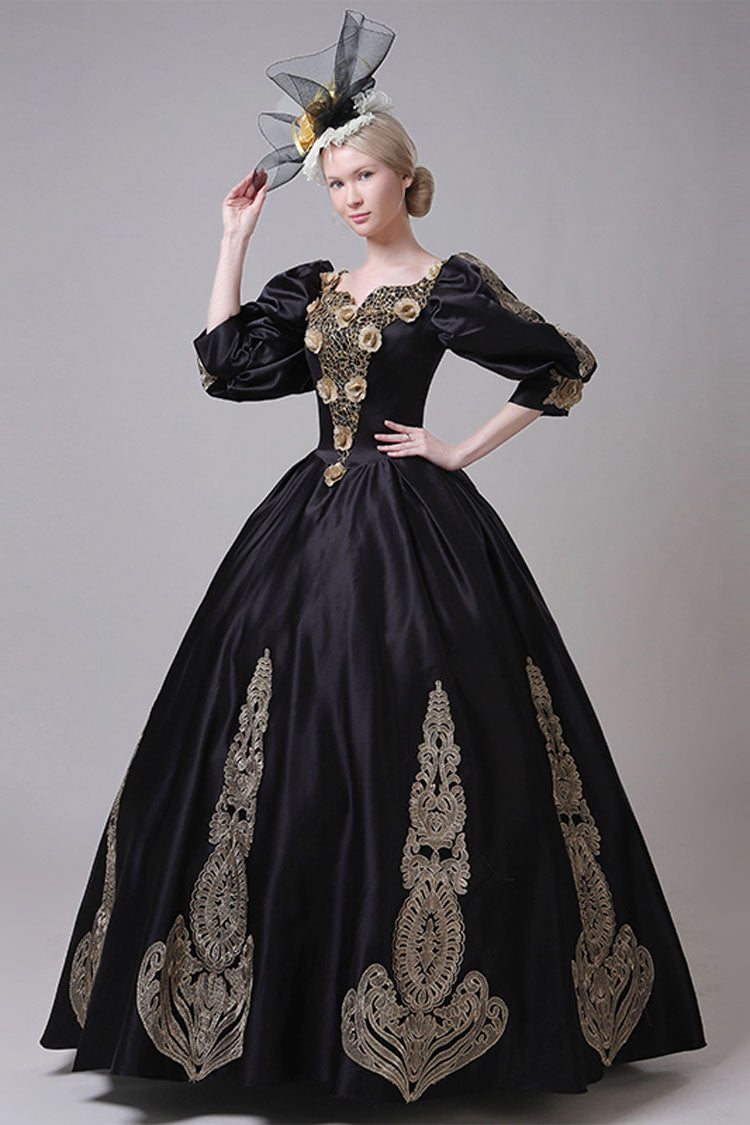 Boat Neck Half Sleeves High Waisted Three Dimensional Golden Floral Hollow Print Victorian Lolita Prom Dress