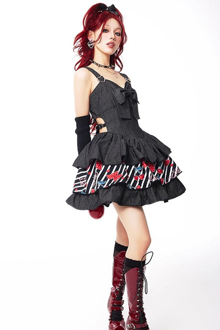 Black Cherry Sleeveless Triple-Layered Print Ruffle Bowknot Denim Sweet Japanese Vintage Lolita Jsk Dress