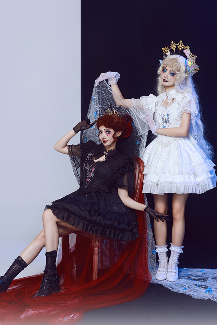 Black Sleeveless Spider Embroidery Bowknot Lace Gothic Princess Lolita Skirt Two-piece Set