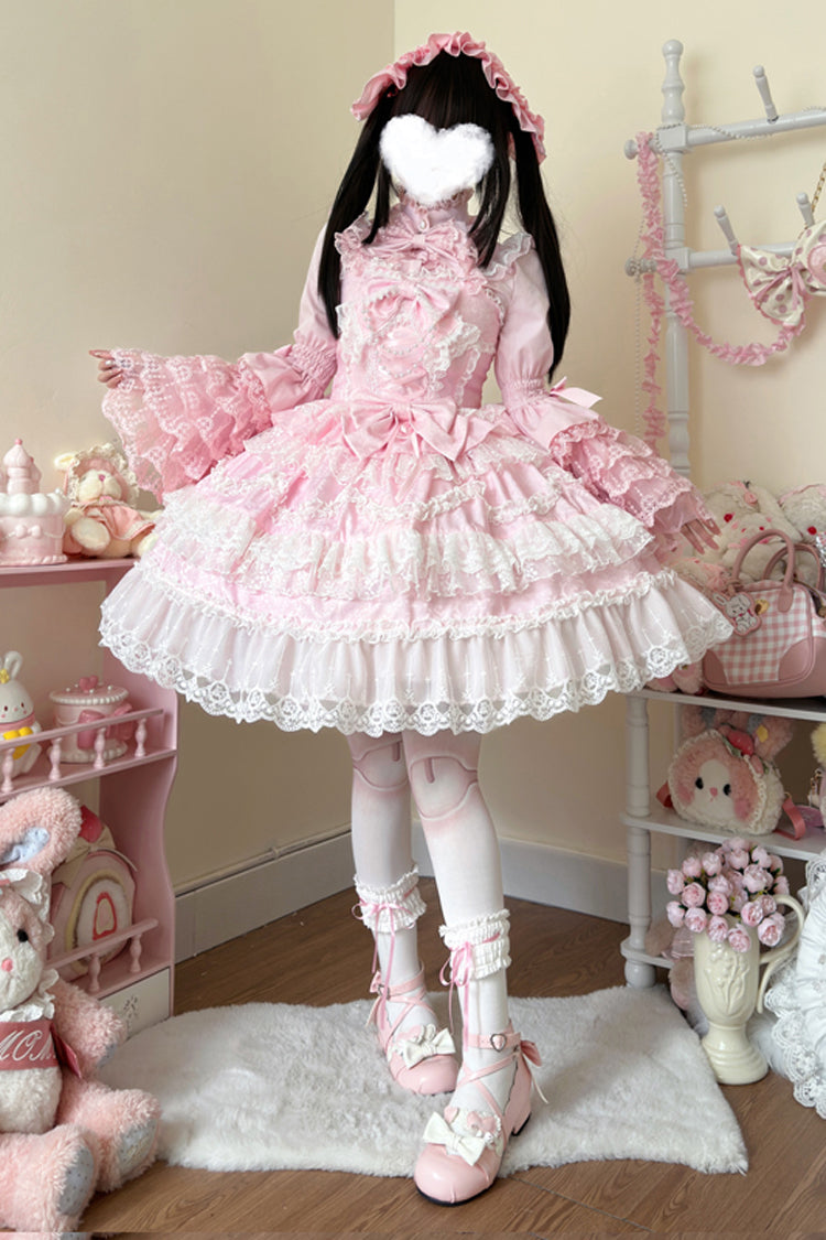 Pink Love and Heart Flutter Sleeveless Multi-Layered Ruffle Bowknot Lace Pearl Sweet Lolita Jsk Dress