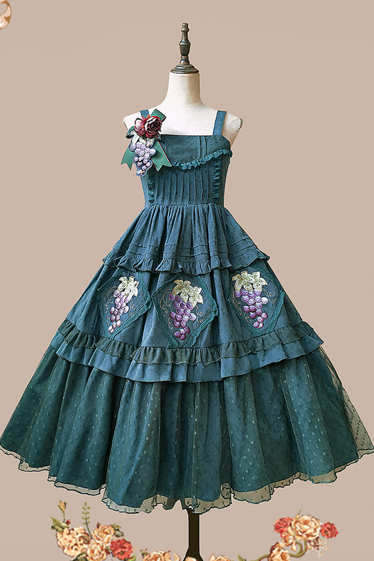 Green Vineyard Sleeveless Jacquard Print Ruffle Embroidery Sweet Lolita Jsk Dress