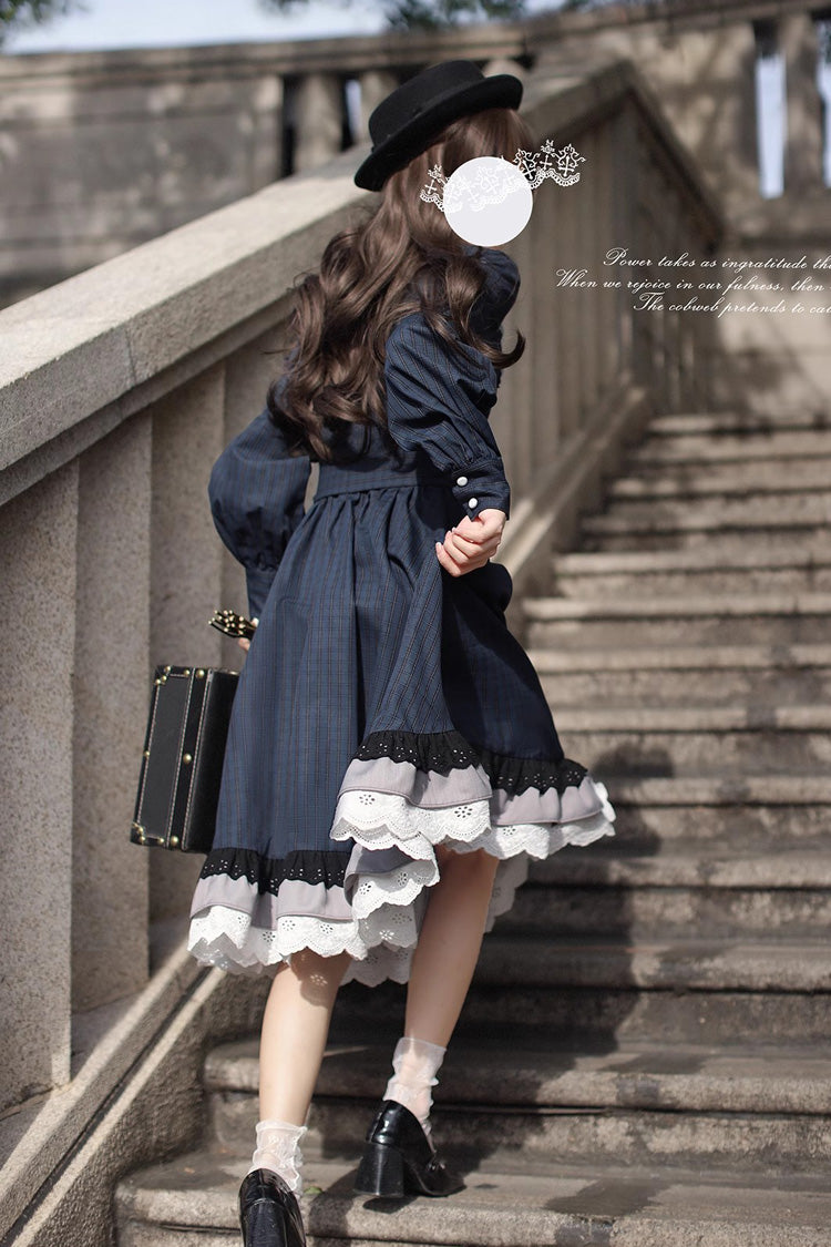 Dark Blue Phyllis Plaid Print Ruffle Bowknot Lace Vintage Elegant Lolita Dress