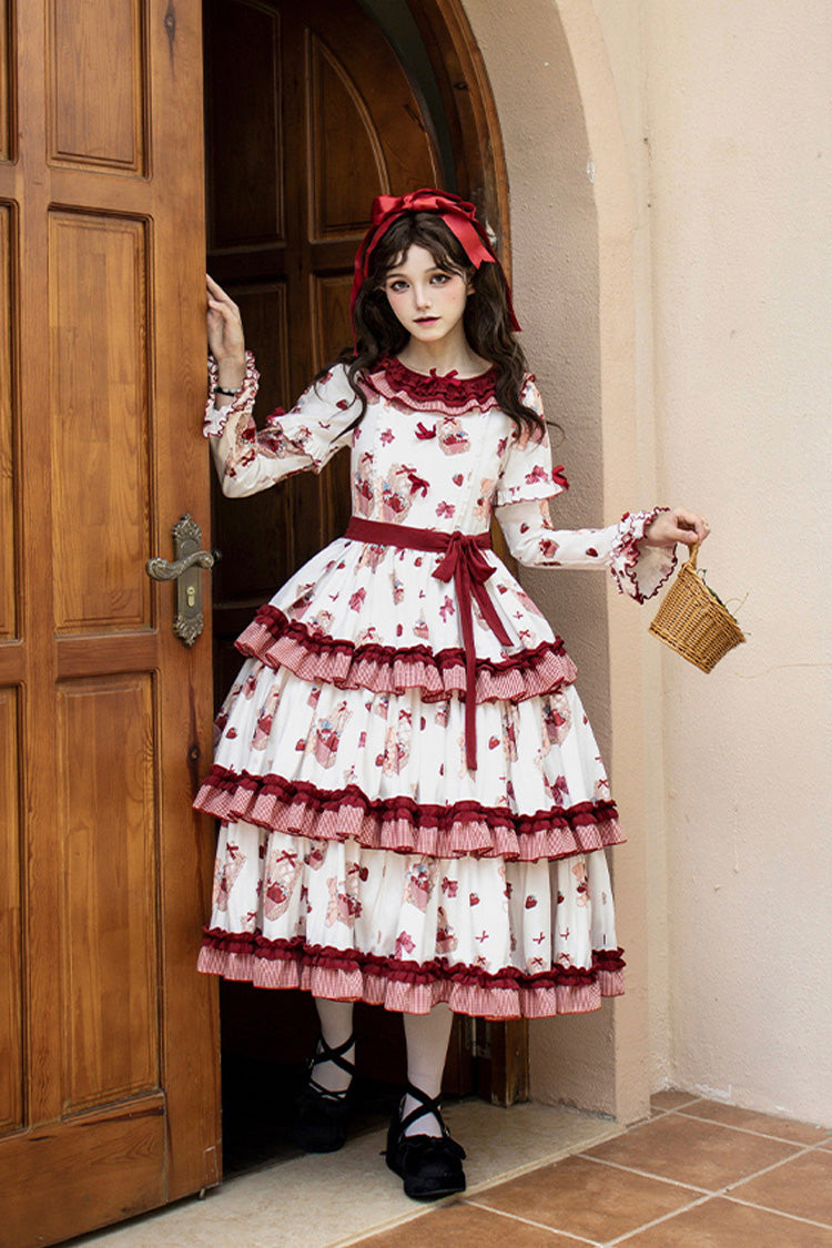 White/Pink Bell Strawberry Farm Print Long Sleeves Triple-Layered Ruffle Sweet Lolita Dress