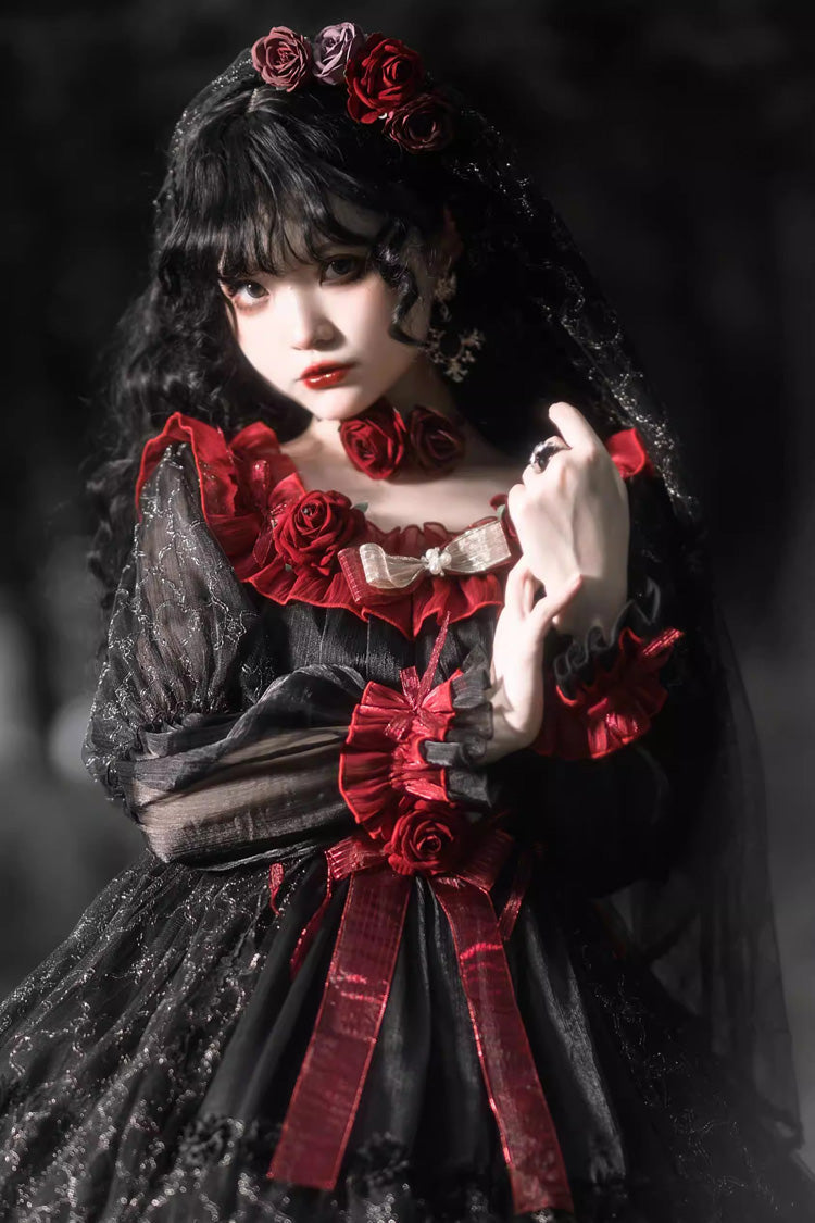 Black/Red Perlia's Night Long Puff Sleeves Ruffled Open-Front Bow Lace Gothic Lolita Dress