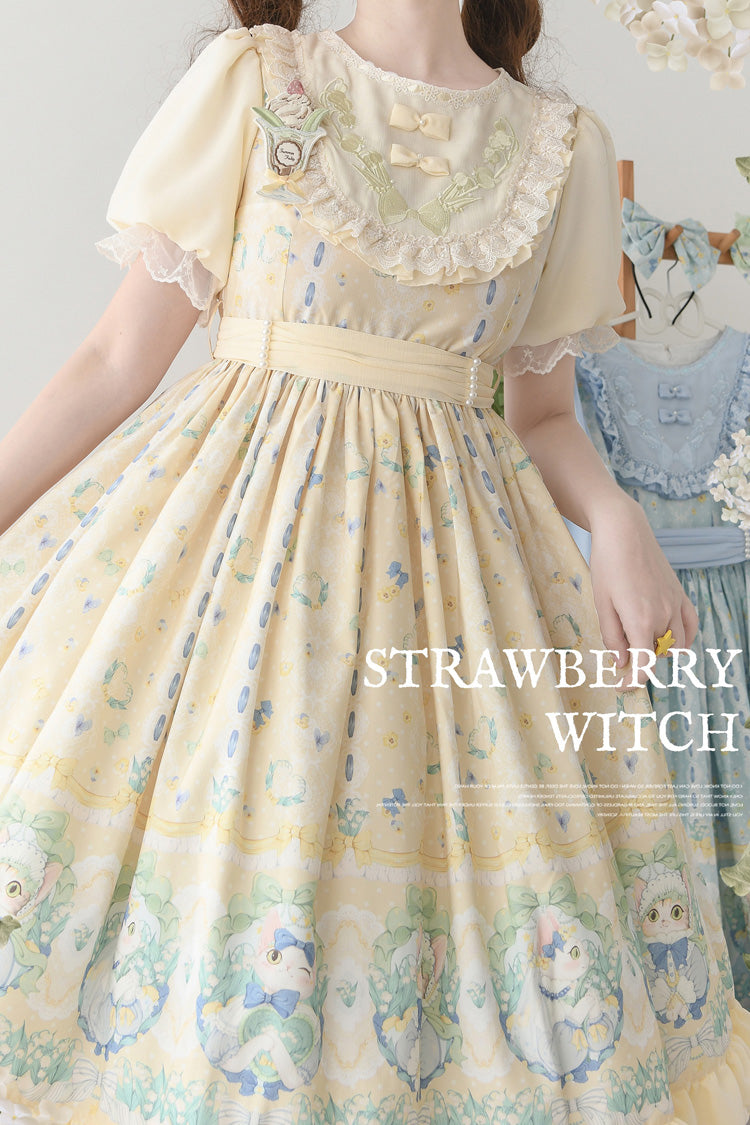 Beige Lily of the Valley Cat Print Ruffle Embroidery Bowknot Sweet Lolita Dress