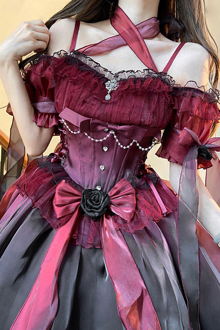 Wine Red Midsummer Dream Short Sleeves Ruffle Hanayome Off-The-Shoulder Gothic Short Lolita Dress