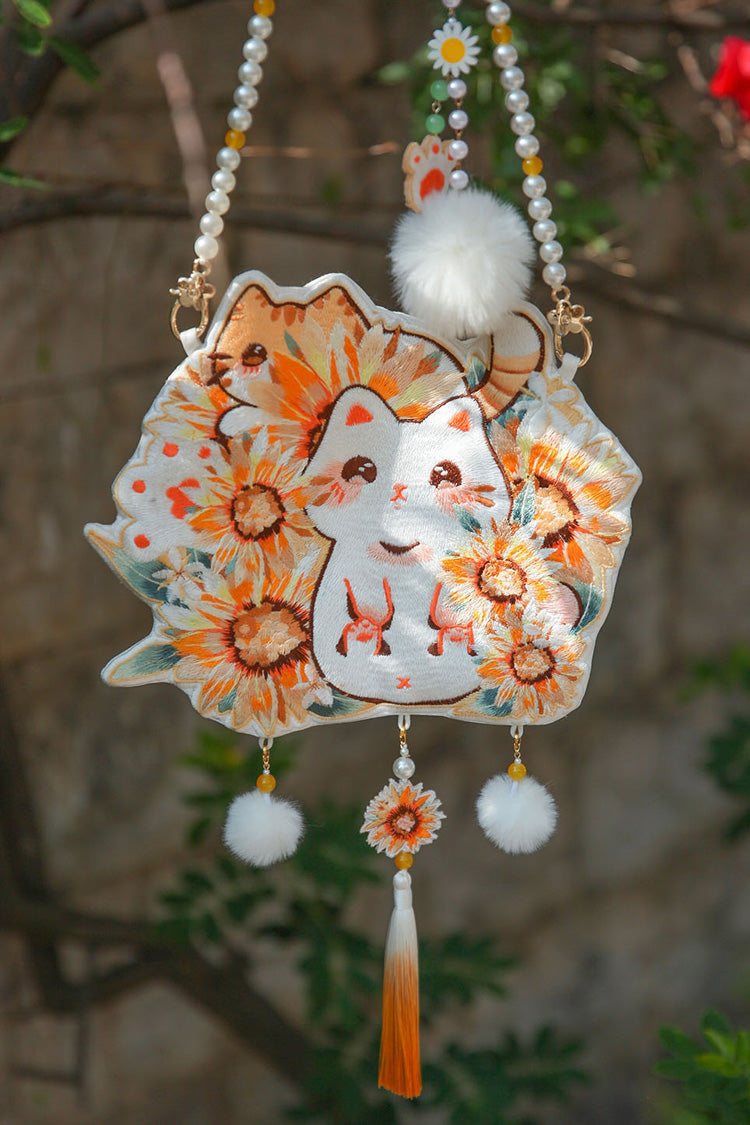 Multi-Color Sunflower Cat Embroidery Pearl Chain Sweet Lolita Crossbody Bag