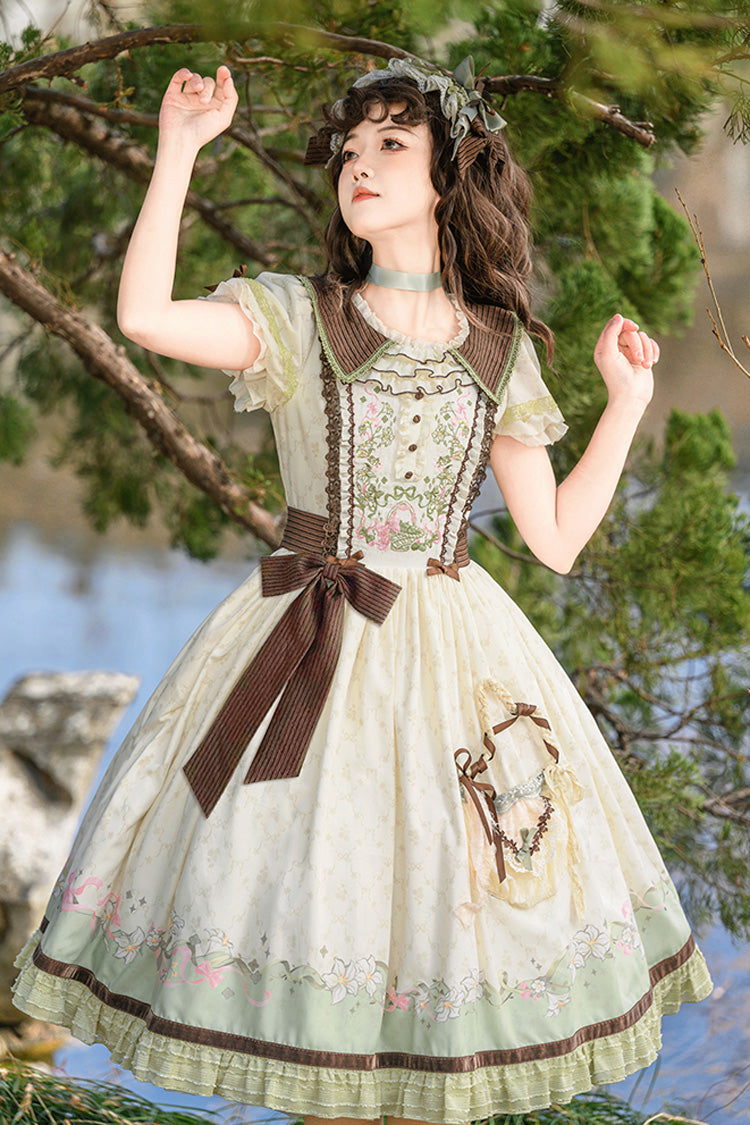 Green/Ivory Lily Short Sleeves Print Ruffle Embroidery Bowknot Lace Sweet Elegant Lolita Dress