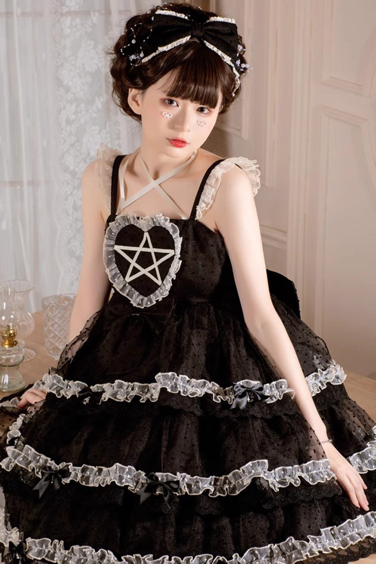 Black Du Meisha's Star Wish Sleeveless Triple-Layered Jacquard Ruffle Bowknot Sweet Gothic Lolita Jsk Dress