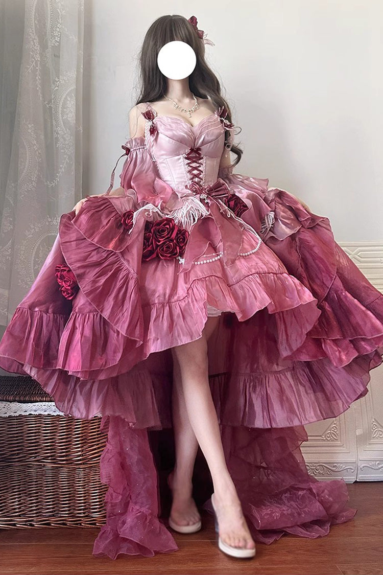 Plum Red Swan Wonderland Embroidery Bowknot Lace-Up Short Front Long Back Irregular Sweet Ballet Lolita Jsk Dress