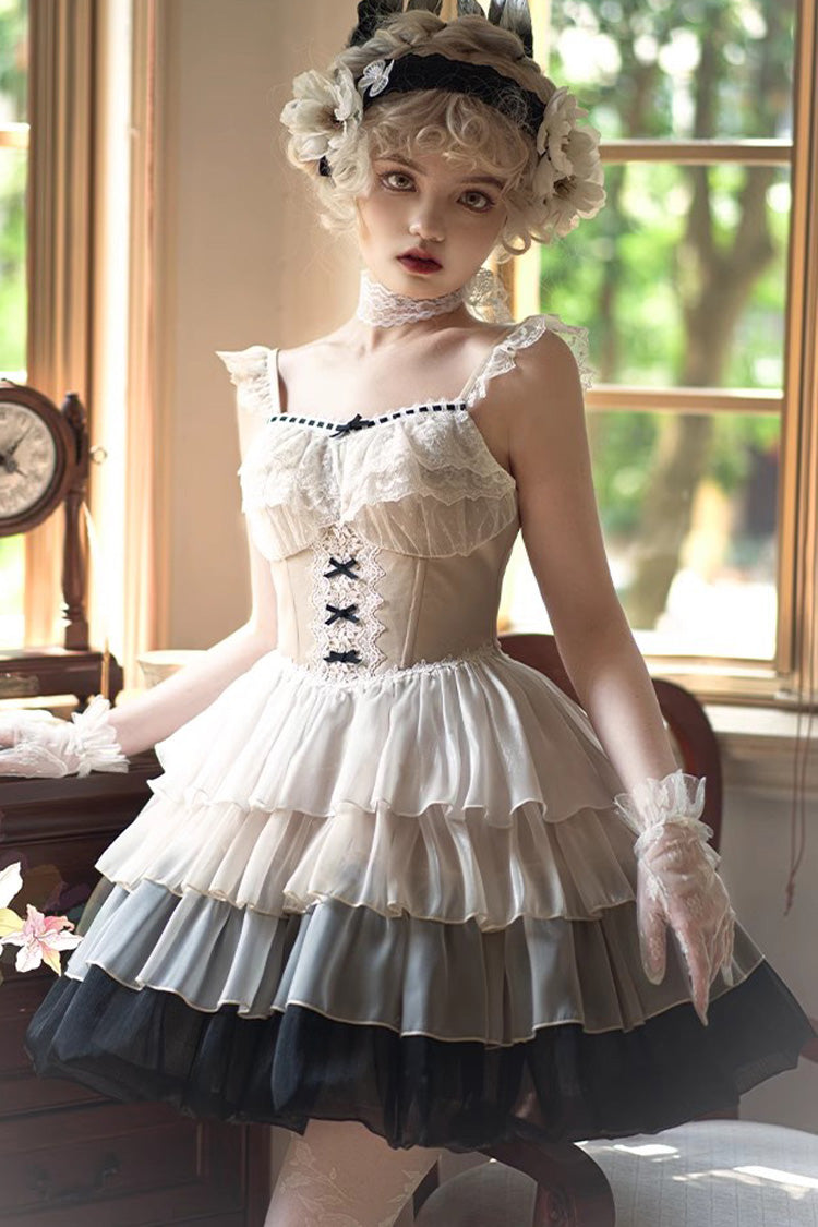 Multi-Color Paris Sunset Waist Fishbone Small Flying Sleeves Tiered Ruffle Sweet Lolita JSK Dress