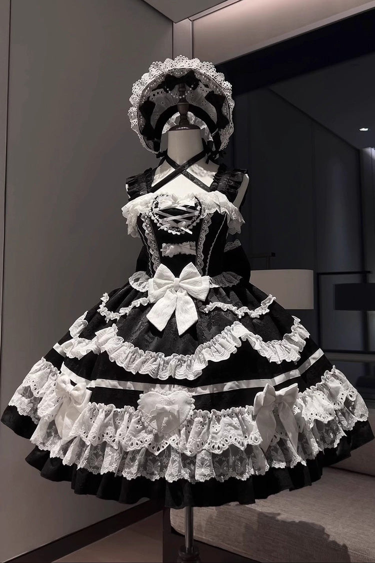 Black/White Super Cute Belia Sleeveless Triple-Layered Ruffle Bowknot Lace Gothic Elegant Lolita Jsk Dress