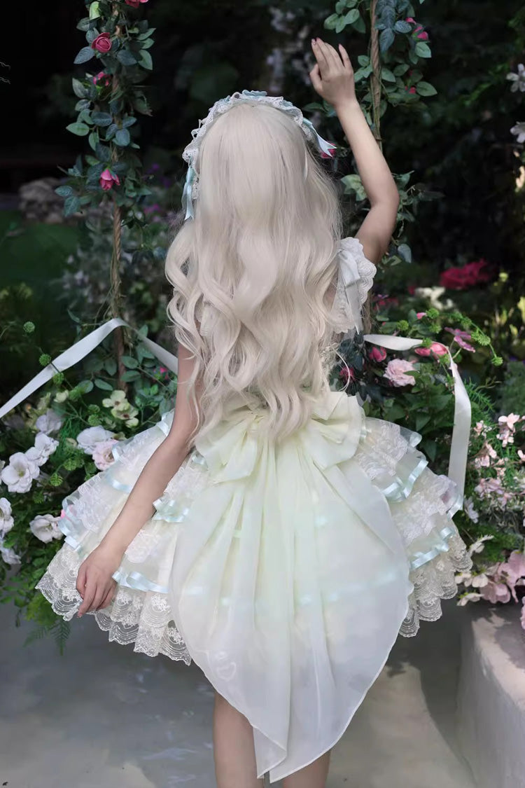 Green Rose Feather Waltz Sleeveless Triple-Layered Ruffle Bowknot Lace Sweet Ballet Lolita Jsk Dress
