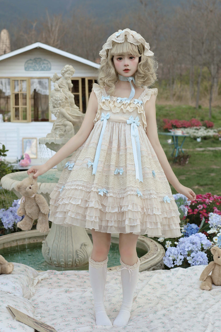 Beige Little Wind Chime Sleeveless Multi-Layered Printed Ruffled Bow Lace Sweet Elegant Princess Lolita Jsk Dress