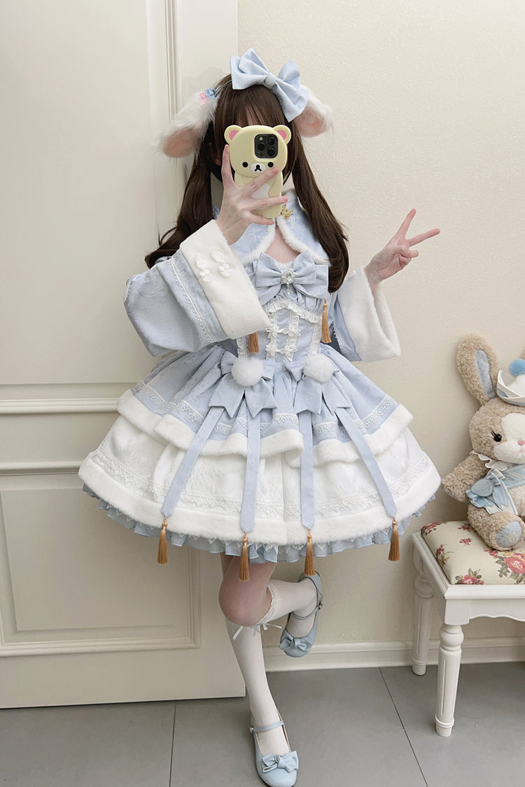 Blue Snow Rabbit Long Sleeves Ruffle Bowknot Fake Two Pieces Sweet Lolita Dress