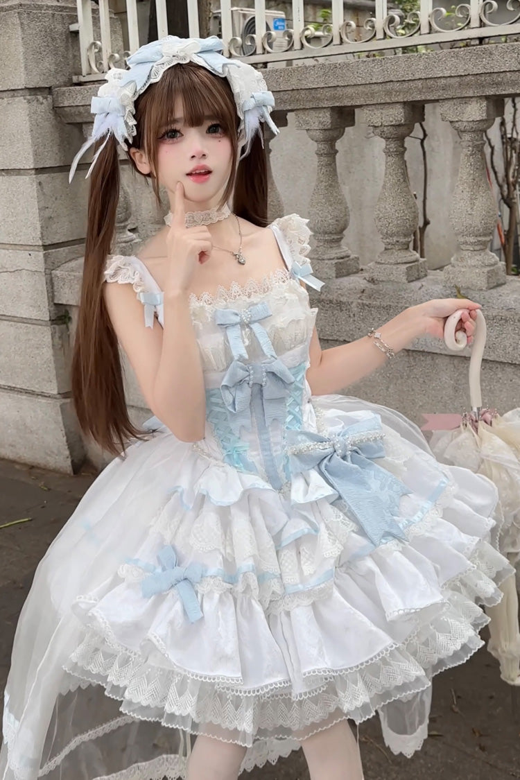 Blue/White Clouds and Mist Multi-Layered Ruffle Bowknot Lace Sweet Princess Lolita Jsk Dress