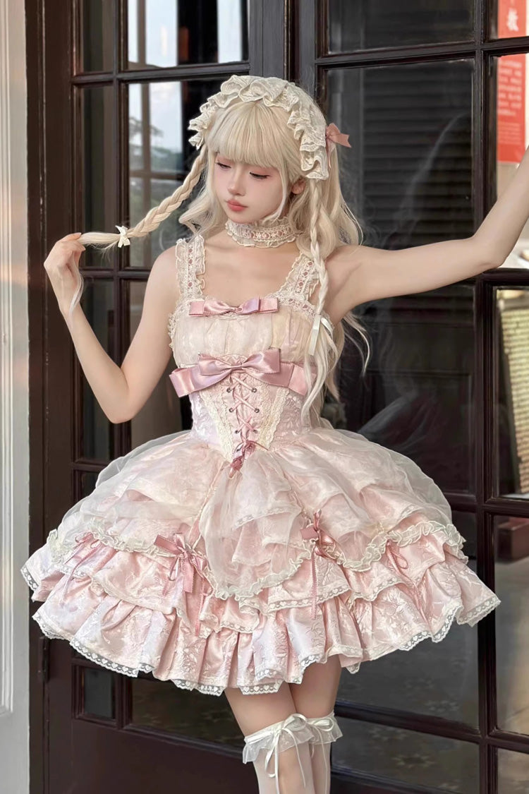 Pink Sleeveless Multi-layer Ruffle Bowknot Lace-Up Sweet Princess Lolita Jsk Dress
