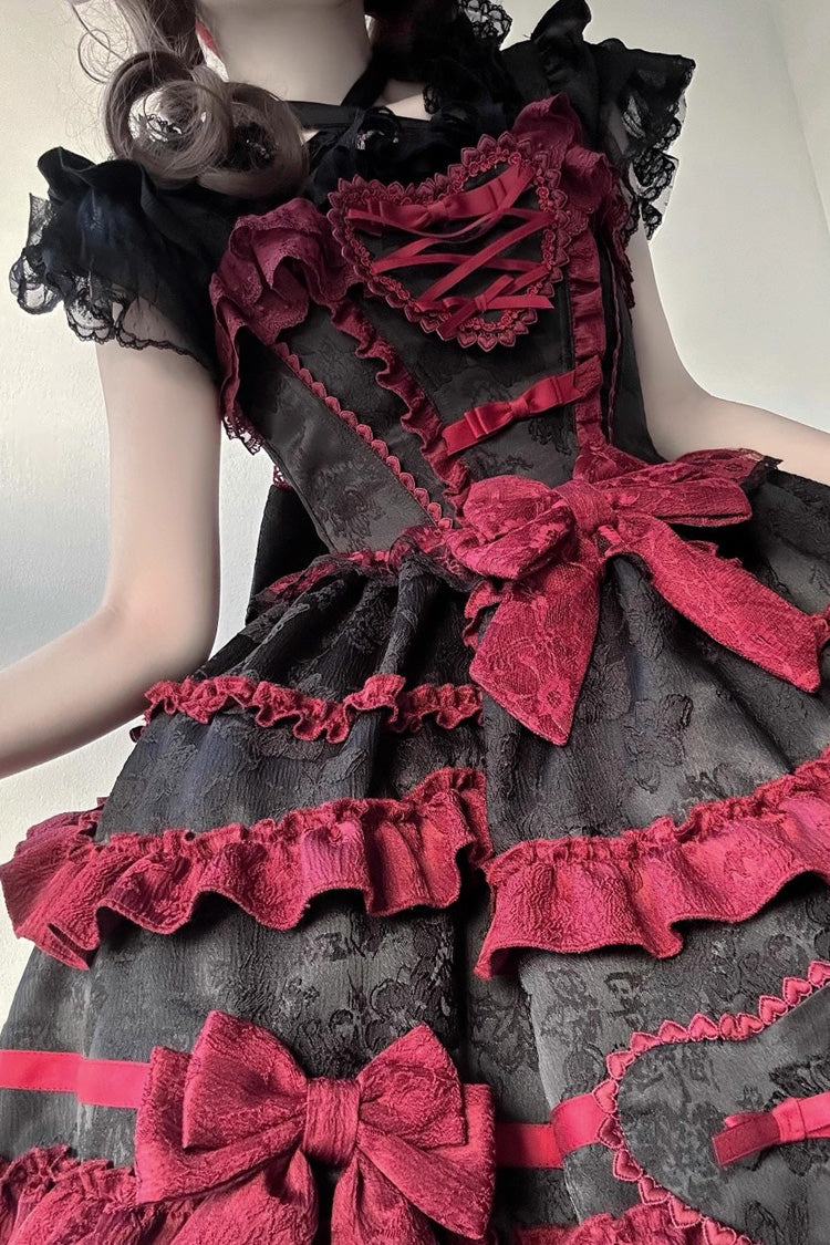 Black/Red Super Cute Belia Sleeveless Triple-Layered Ruffle Bowknot Lace Gothic Elegant Lolita Jsk Dress
